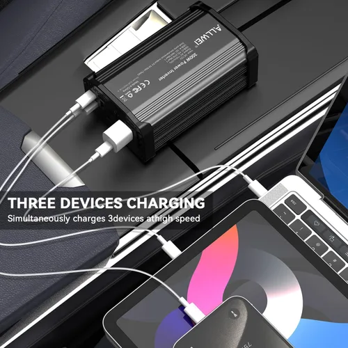 Miniatura 3 de ALLWEI - Inversor de corriente de 300 W, adaptador de toma de corriente con enchufe para coche, CC 12 V a CA 110 V, con cargador rápido USB-C PD