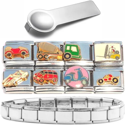 Juego de 7 dijes italianos para vehículos, además de pulsera de iniciación y herramienta de dijes – Coche de carreras, camión de cemento, carretilla