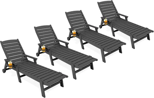 Miniatura 22 de KINGYES Sillón de polietileno de alta densidad para exteriores, tumbona reclinable para patio con portavasos para todo tipo de clima, tumbona