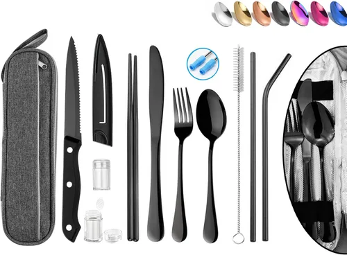 Utensilios de Viaje Reutilizables Portátiles Cubiertos con Estuche, Juego de Cubiertos de Viaje para Camping, Palillos y Pajita, Cubiertos con