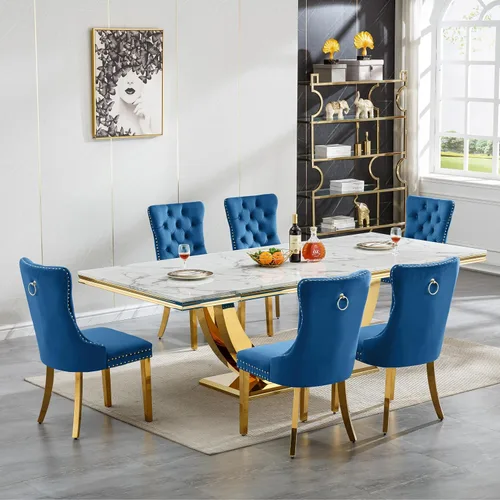 Miniatura 14 de Juego de mesa de comedor grande y moderna de mármol sintético blanco de 94.5 pulgadas, juego de mesa de comedor de 10 piezas con 10 sillas tapizadas