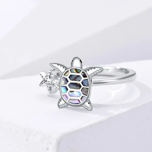 Miniatura 3 de SLIACETE Anillo de tortuga con estrella de mar de plata de ley 925 con anillo de tortuga para mujeres, talla 7, no conocido