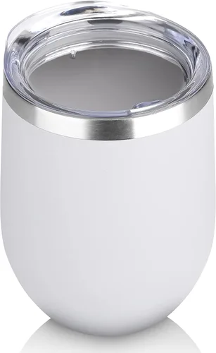 DOMICARE - Vaso de vino de 12 onzas con tapa, hecho de acero inoxidable con aislamiento al vacío de doble pared, paquete de 1 unidad, color blanco