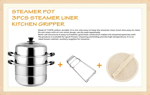 Miniatura 3 de Ollas de vapor de 11.8 pulgadas con 3 forros de vapor y agarrador de cocina, olla de vapor de acero inoxidable de 3 niveles con tapa para cocinar