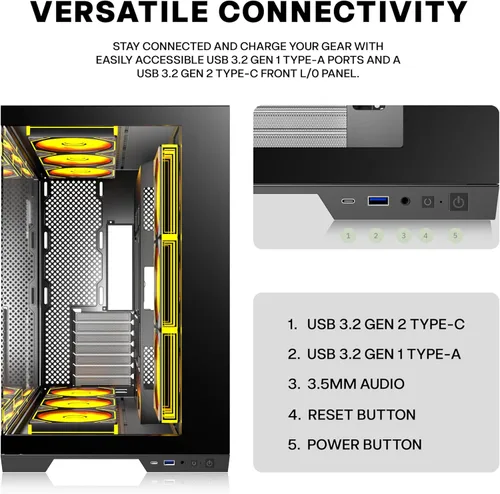 Miniatura 6 de PC CASE 9 PWM ARGB Ventiladores preinstalados, funda de PC para juegos de media torre, carcasa panorámica de vidrio templado para computadora