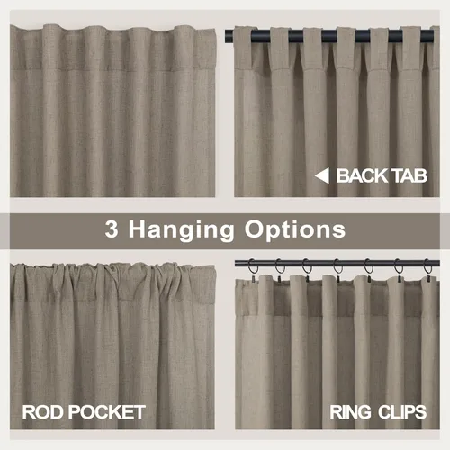 Miniatura 73 de Cortinas de lino gris claro, 2 paneles, presillas traseras, bolsillo para cortinero, semitraslúcidas, ahorran energía, estilo rústico, arpillera
