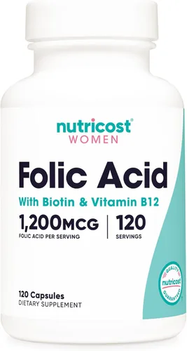 Nutricost Ácido fólico para mujeres (vitamina B9) 1200 mcg, 120 cápsulas, con B12 y biotina, cápsulas vegetales, sin OMG y sin gluten