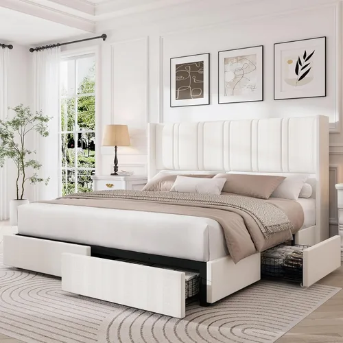 LARMACE Marco de cama tamaño Queen con 4 cajones de almacenamiento y cabecero Wingback tapizado en lino, marco de cama tipo plataforma con listones
