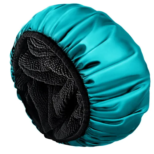Miniatura 20 de Aquior Gorro de ducha con forro de rizo para mujer, reutilizable, triple capa impermeable, extra grande para mujeres de pelo largo (negro)