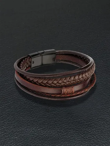 Miniatura 6 de Pulseras de cuero para hombre, pulseras de cuero trenzado multicapa con cierre magnético, pulsera ajustable para niños