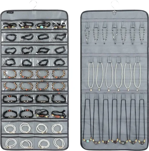 Organizador de joyas colgante de doble cara con 40 bolsillos y 20 bucles de gancho, organizador de joyas para aretes, pulseras, anillos con colgador