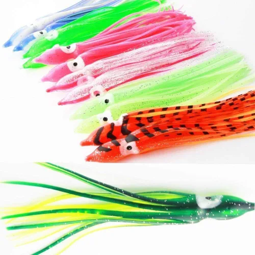 Miniatura 2 de Juego de 50 señuelos de pesca de pulpo de plástico suave brillante para pesca de agua salada, señuelos de pesca suaves para lubina, salmón, trucha