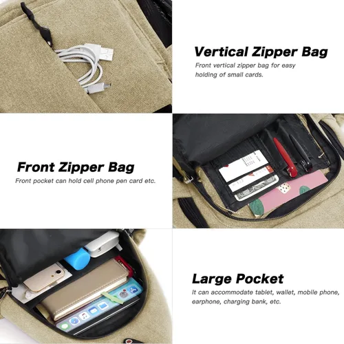 Miniatura 4 de MOSISO - Mochila bandolera de lona, mochila de día para senderismo con bolsillo antirrobo Caqui