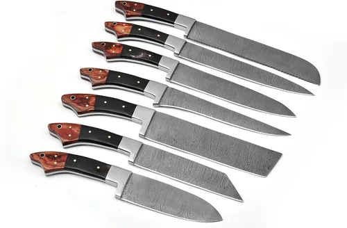 Miniatura 6 de Juego de 7 cuchillos de cocina de acero Damasco, hoja de acero de Damasco forjada a mano, 7 cuchillos incluyen rebanar, picar, pan, nikiri