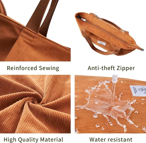 Miniatura 4 de KALIDI - Bolsa de pana para mujer, con cremallera, casual, de gran capacidad, con bolsillos