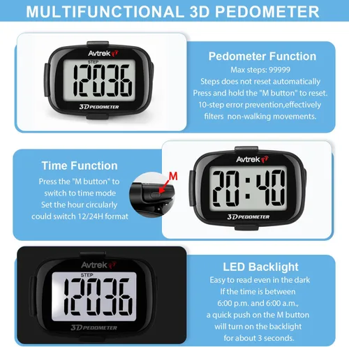 Miniatura 6 de AVTREK Contador de pasos 3D con clip con retroiluminación LED, podómetro de bolsillo para caminar actividades al aire libre, rastreador de fitness