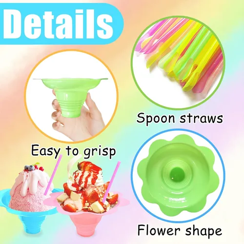 Miniatura 3 de Juego de 200 tazas coloridas de cono de nieve de 4 onzas con 100 popotes de cuchara y 100 tazas, vasos de plástico reutilizables para goteo de hielo