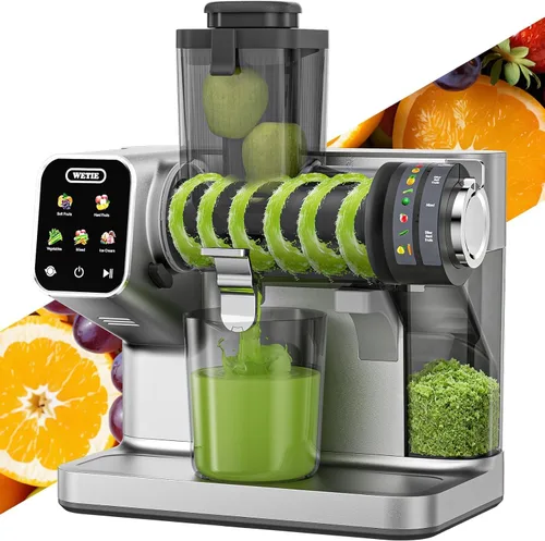 WETIE Exprimidor de Prensa Fría, Potentes Máquinas Exprimidoras con Presión de Exprimido Ajustable, 99% de Alto Rendimiento de Jugo, Exprimidor