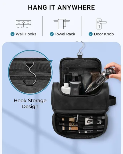 Miniatura 6 de Elviros - Neceser de aseo personal para hombre, organizador de viaje de cuero PU, con gancho para colgar, bolsas de afeitado para el baño de gran