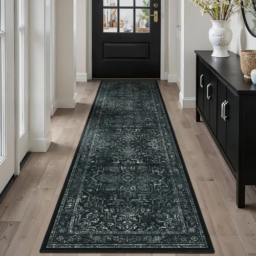 Miniatura 101 de Alfombra de pasillo profundo azul 2x8, alfombra de pasillo lavable antideslizante para entrada interior, alfombra de medallón vintage de 0.27