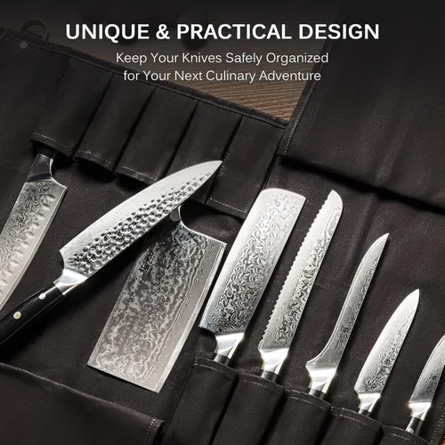 Miniatura 2 de KYOKU Bolsa enrollable para cuchillos de chef, cuchillo de cocina y soporte para utensilios con 10 ranuras, 3 soportes para cubiertos para juego