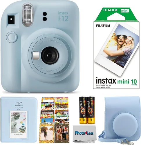Fujifilm INSTAX Mini 12 - Cámara de película instantánea (azul pastel) + paquete individual Fuji - 10 impresiones funda protectora azul álbum de