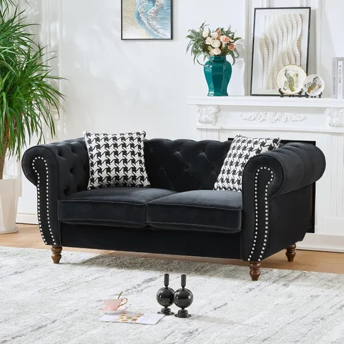 Miniatura 12 de Sofá Air de cuero copetudo para sala de estar, sofá de 3 plazas con brazo enrollado con ribete de cabeza de clavo y 2 almohadas para el cuello, sofá