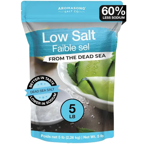 Aromasong Sal marina baja en sodio, 100% natural, 60% menos de sodio, bolsa a granel de 5 libras, cloruro de potasio del mar muerto de grano fino
