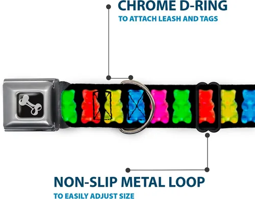 Miniatura 5 de Buckle-Down Collar de perro con hebilla de cinturón de seguridad, osos gomitas, negro/multicolor, 1.5 pulgadas de ancho, se adapta a cuello de 13-18