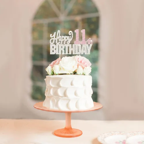 Miniatura 5 de Decoración de pastel de diamantes de imitación rosa y plateado con texto en inglés "Cheers to 11 Years Old Eleven Bday" de metal brillante