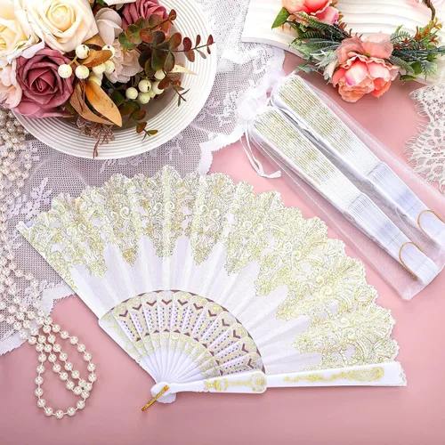Miniatura 5 de Geelin - 50 piezas de abanicos de encaje plegables de mano para mujeres con bolsa de organza, abanicos europeos retro de encaje plegados para novia