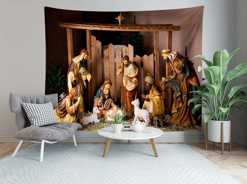 Miniatura 4 de Loccor Tapiz de escena del Nacimiento de Navidad, escena del pesebre, figuras de Jesús, Virgen María, tapiz para colgar en la pared, arte de pared