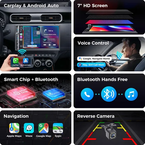 Miniatura 3 de Estéreo de auto de doble DIN de 7 pulgadas, Apple Carplay inalámbrico y Android Auto, pantalla táctil HD, Bluetooth, 240W, SWC, salida de subwoofer