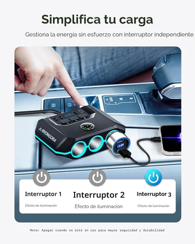 Miniatura 3 de Anyongora Divisor de encendedor de cigarrillos 7 en 1, adaptador de cargador de coche de 120 W, 12 V/24 V, 3 enchufes e interruptores