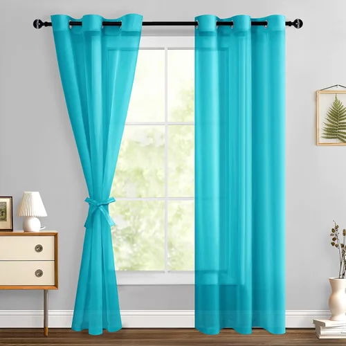 Miniatura 31 de Hiasan - Cortinas traslúcidas de gasa cortas semitransparentes con ojales y alzapaños filtrantes de luz para ventana, dormitorio, baño, 2 paneles
