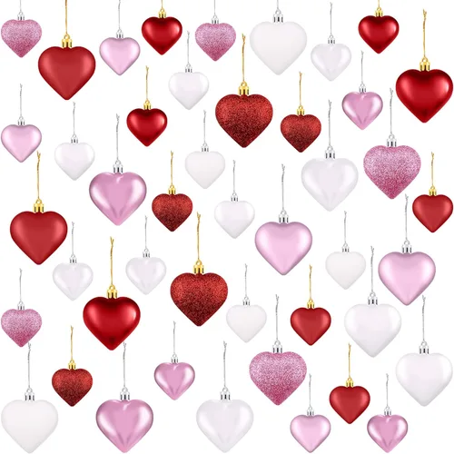 Miniatura 7 de Duufin 54 adornos de corazón para el día de San Valentín, adornos con forma de corazón, adornos colgantes con purpurina para San Valentín, árbol