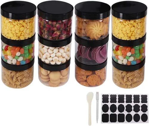 zmybcpack Paquete de 12 tarros de plástico transparente de 8 onzas con tapas negras, una espátula, un bolígrafo y etiquetas, contenedor de PET sin