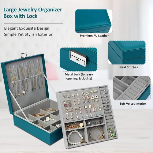 Miniatura 3 de SIMBOOM Joyero organizador para mujeres y niñas 2 capas de almacenamiento de joyas grande con cerradura organizador de joyas y relojes de cuero