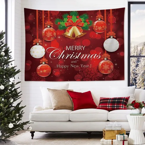 Miniatura 3 de OTOSTAR Tapiz de Navidad con diseño de bola de Navidad, Feliz Navidad y Feliz Año Nuevo, tapiz para colgar en la pared, adornos de Navidad, adornos