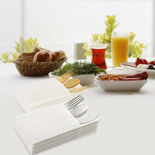 Miniatura 3 de Servilletas desechables de color blanco, paquete de 100 servilletas de papel de tacto de lino con bolsillo integrado para cubiertos, tela preplegada