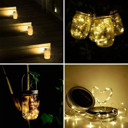 Miniatura 6 de SunKite Luces solares para tarros de masón [actualizadas], paquete de 8 20 luces LED impermeables para tarros de luciérnaga con ganchos
