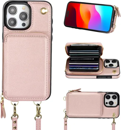 Miniatura 12 de Bocasal Funda tipo cartera cruzada para iPhone 15 Pro Max, funda de piel con bloqueo RFID y soporte para tarjetas, funda protectora con cremallera
