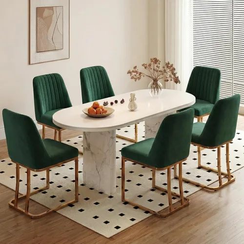 Miniatura 9 de LSSBOUGHT Juego de 2 sillas de comedor tapizadas de terciopelo, sillas acolchadas modernas de mediados de siglo con marco de metal dorado para Verde
