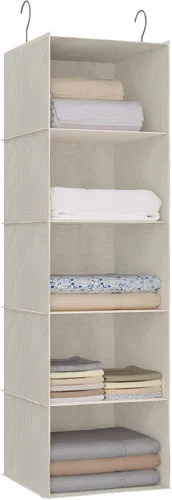Miniatura 14 de Organizador colgante para armario, fácil de montar, estantes colgantes plegables con 4 compartimentos, para guardar ropa, bolsos, zapatos y Gris