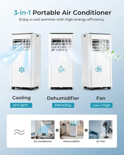 Miniatura 4 de EUHOMY Aire acondicionado portátil de 8,000 BTU, unidad de CA portátil 3 en 1 con refrigeración, deshumidificador, ventilador, modo de suspensión