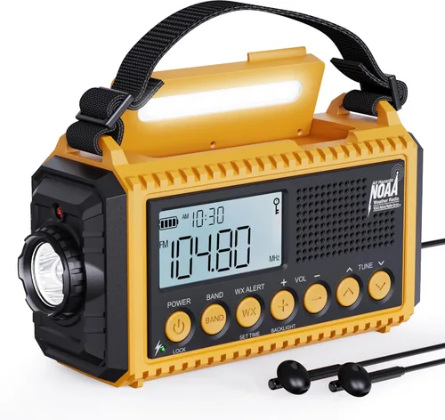 Miniatura 10 de Radio de emergencia de 12000 mAh - Alerta meteorológica AUTO NOAA, manivela solar AM/FM/SW/NOAA, linterna, cargador de teléfono, sirena SOS, kit