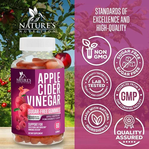 Miniatura 4 de Gomitas de vinagre de sidra de manzana, 1000 mg por porción, suplemento de vitaminas ACV de máxima fuerza sin azúcar, fórmula avanzada, vitamina B12