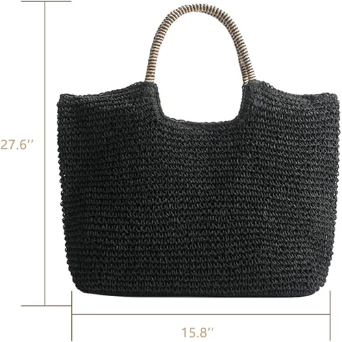 Miniatura 2 de QTKJ Bolso de hombro de paja grande suave tejida a mano bolso de playa negro bohemio con asa de paja retro de verano bolso de ratán negro Negro 118x