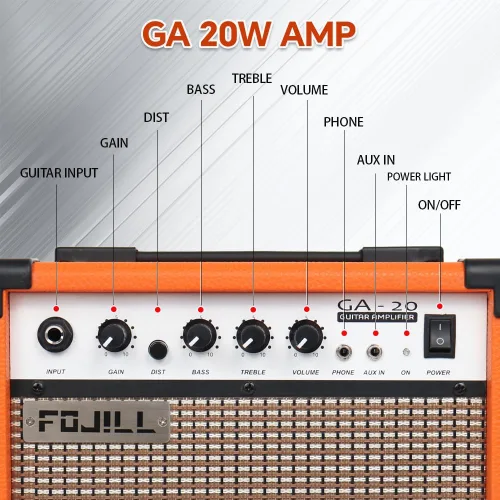 Miniatura 2 de Fojill Amplificador de guitarra eléctrica de 20W, amplificador de práctica pequeño portátil de viaje mini con conector de auriculares de 3.5, Naranja