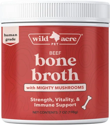 Wild Acre Caldo de hueso de res prémium para perros, alto contenido en proteínas + colágeno mejorado con mezcla de hongos para huesos fuertes,